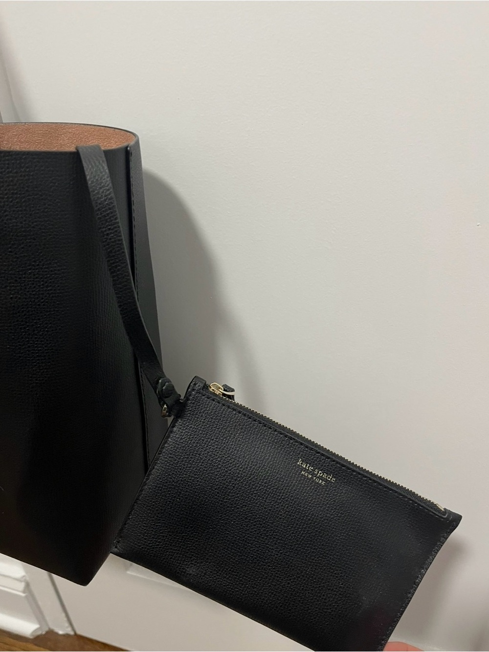 kate spade Molly Large Black Leather Tote with light pink interior - Picture 3 of 6